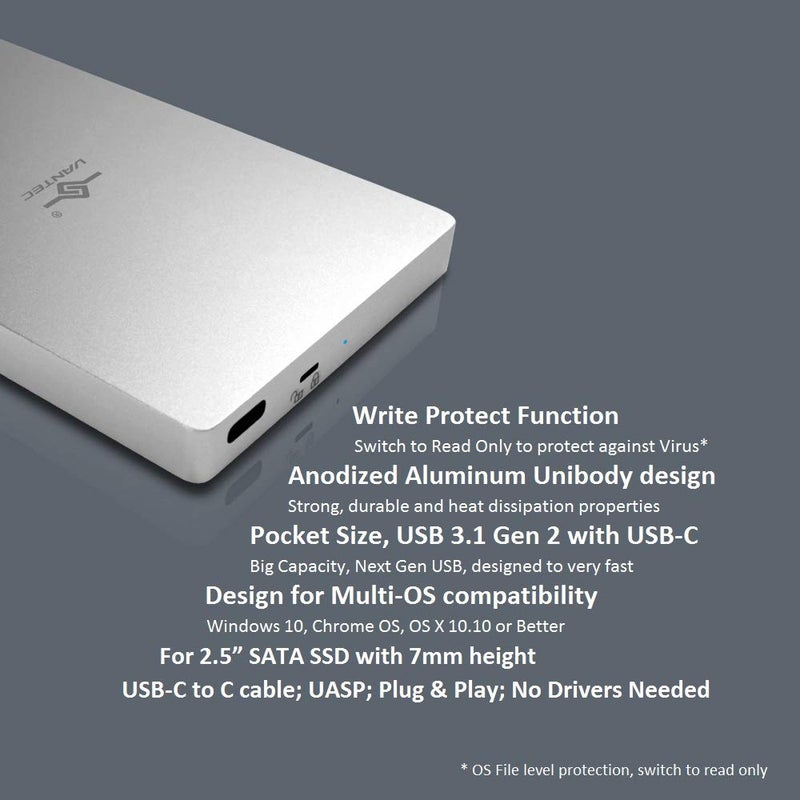 Vantec 2.5" SATA SSD to USB 3.1 Gen 2 Type C Enclosure with Type C to C Cable (NST-204C3-SV), Pocket size, Silver - Image 3